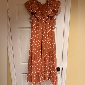 Roller Rabbit Dress, ruffles, brown, size medium, midi, white polka dots, NEW